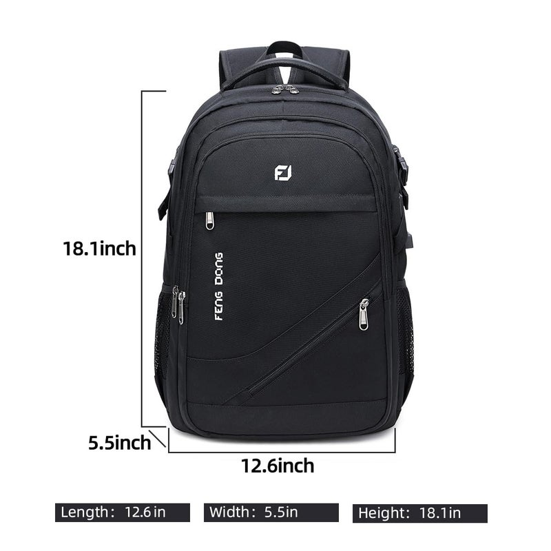 FENGDONG Durable Waterproof Travel Laptop Backpack 17.3 inch,Large College Backpack Bookbag for Men & Women Business Backpack with USB Charging Port and Headset Port Black - Image 2
